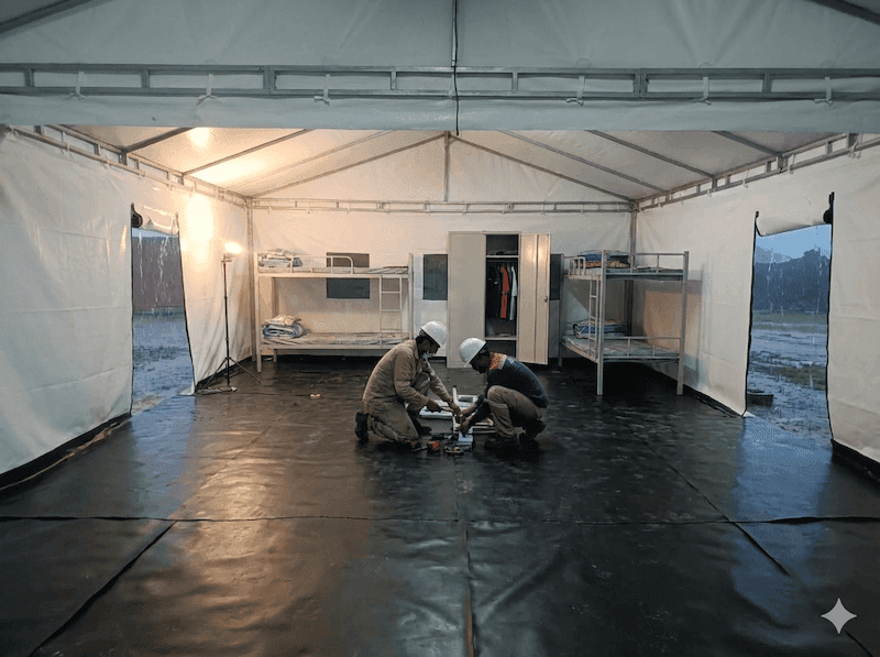 Carpa para campamento minero: detalle de estructura y protección