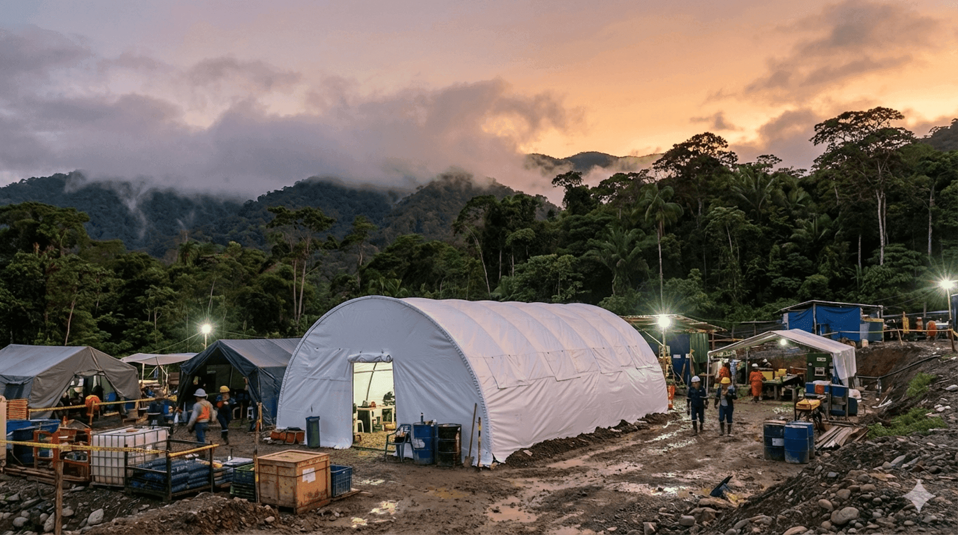 Carpas para minería en Ecuador: campamento temporal en operación